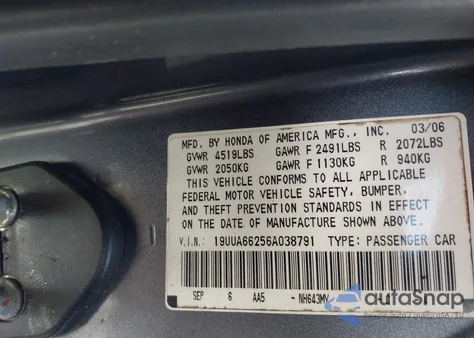 2006 Acura Tl z USA, uszkodzony, nr VIN 19UUA66256A038791
